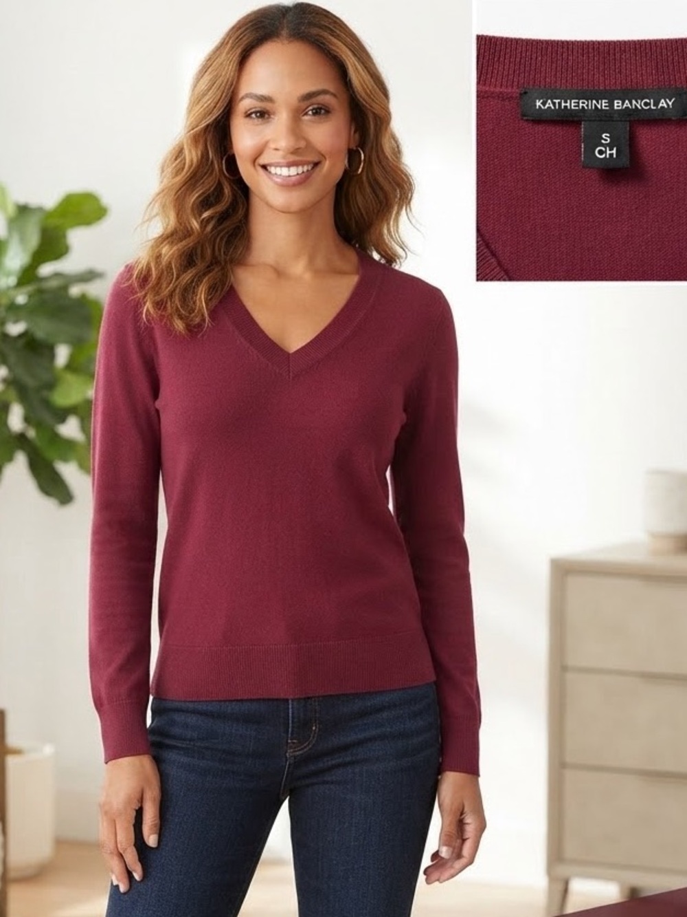 Katherine Barclay 100% Merino Wool V-Neck Maroon Sweater Size S Old Money